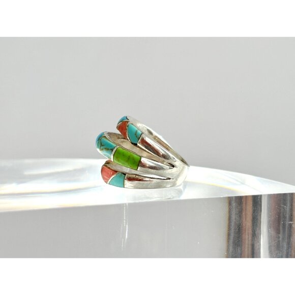 Navajo Style Turquoise & Coral Inlay Shank Vintage Unisex Ring - sz 5 - Picture 5 of 10